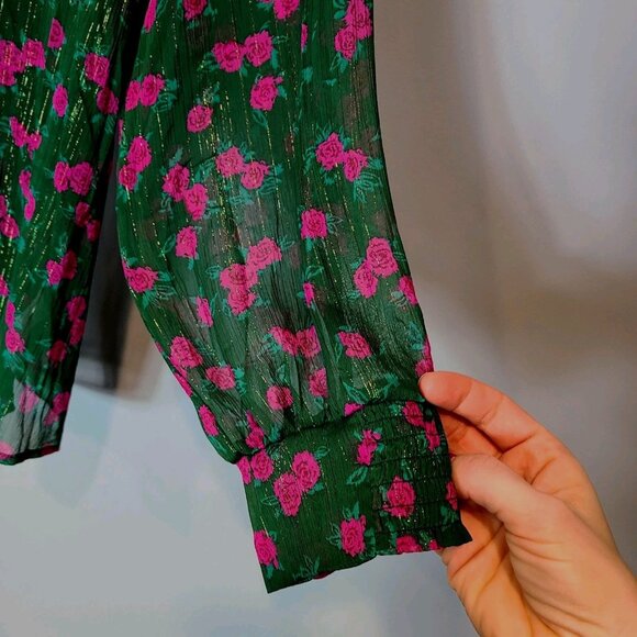 Modcloth Green Sheer Cottage Rose Floral Blouse Womens Size 2X Holiday Gold - Picture 3 of 7